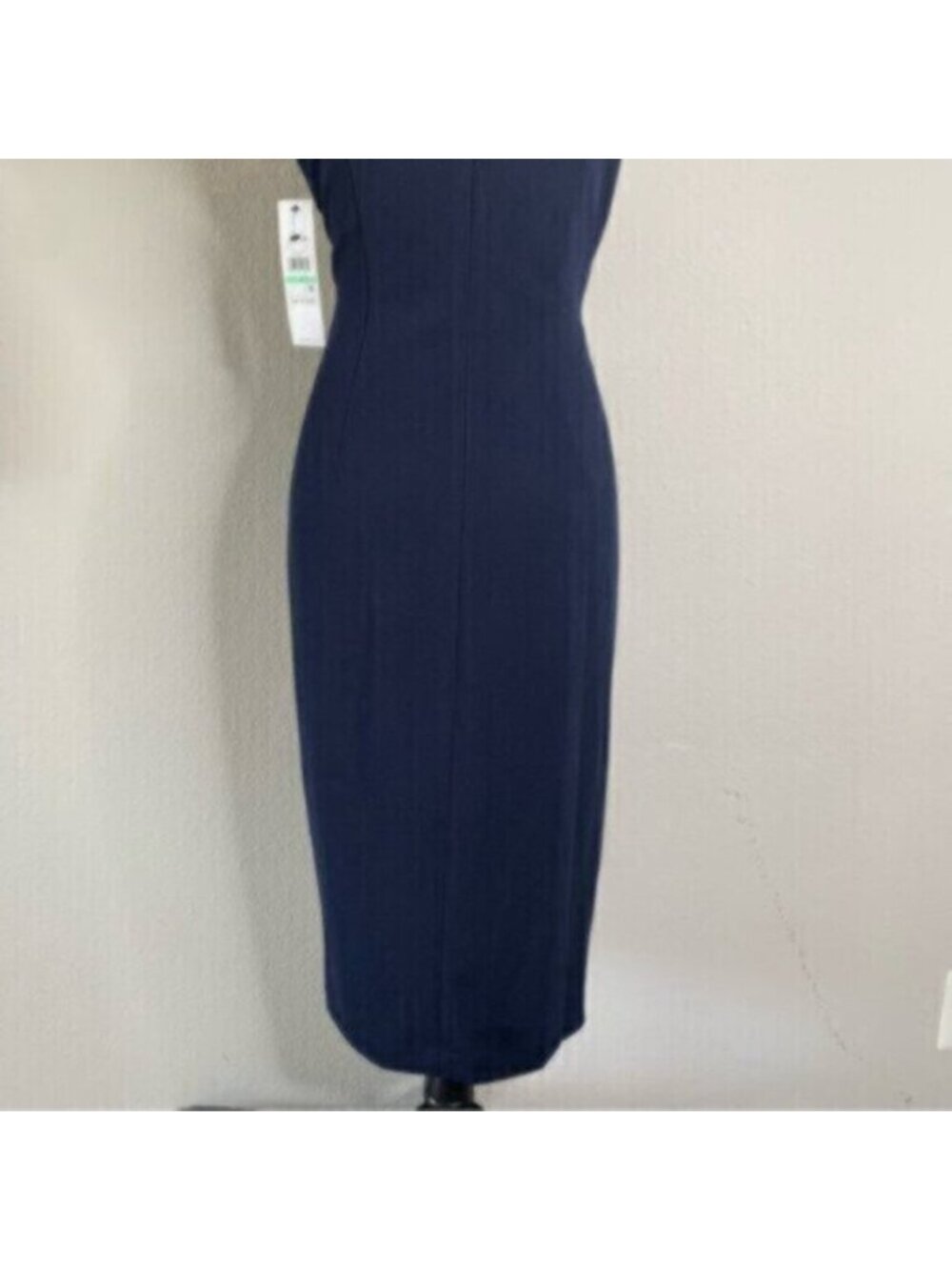 NWT Calvin Klein Navy Blue Side-Ruched Scuba Crepe Sheath Dress - Picture 14 of 17
